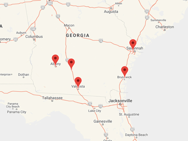 Macon, Albany, Valdosta, Savannah & Tifton locations on a map
